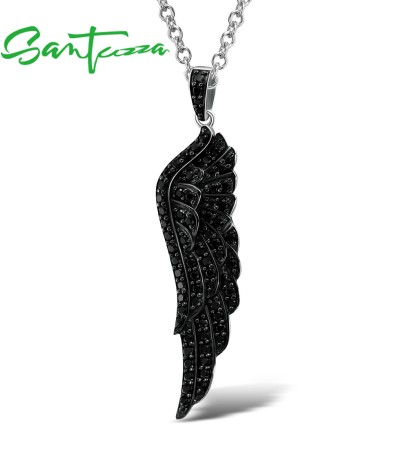 SANTUZZA 925 Sterling Silver Black Spinel Wings Pendant Without Chain Jewelry
