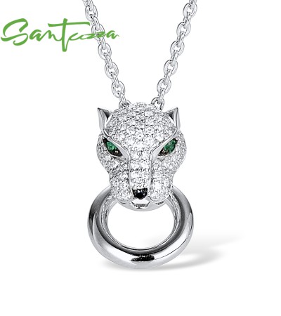 SANTUZZA 925 Sterling Silver Pendant Shiny White CZ Panther Green Black Spinel Party Jewelry