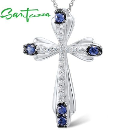 SANTUZZA 925 Sterling Silver Pendant Blue Cross Fit For Necklace Fine Jewerly