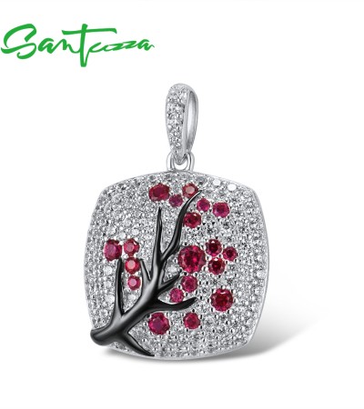 SANTUZZA 925 Sterling Silver Pendant Without Chain Pink Green Cherry Tree White CZ Jewelry - Pink and Red Stones