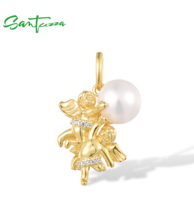 SANTUZZA 925 Sterling Silver Pendant Pearl Gold Color Gemini Zodiac Twelve Constellation Charm Jewelry