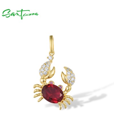 SANTUZZA 925 Sterling Silver Pendant Red Stone Gold Color Cancer Crab Zodiac Twelve Constellation Charm Jewelry