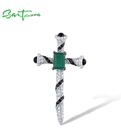 SANTUZZA 925 Sterling Silver Cross Pendant White CZ Black Spinel Green Chalcedony Jewelry