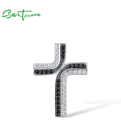 SANTUZZA 925 Sterling Silver Pendant Classic Cross Black Spinel & White CZ Jewelry