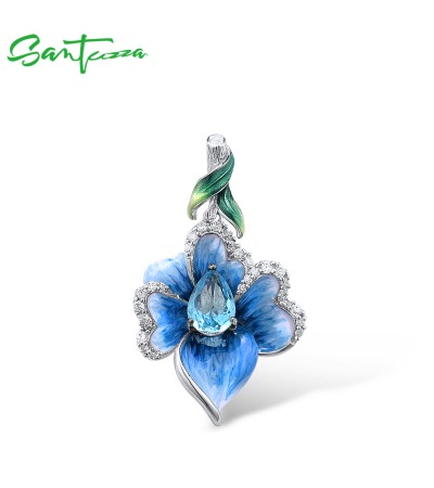 SANTUZZA Pendant 925 Sterling Silver Blue Orchid Flower Fine Jewelry Enamel