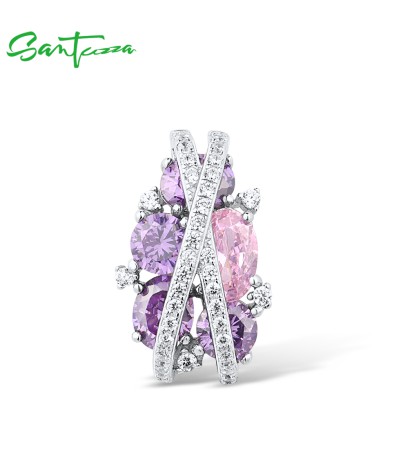 SANTUZZA 925 Sterling Silver Pendant  Sparkling Blue Purple Pink White Cubic Zirconia Jewelry - Pink and Red Stones