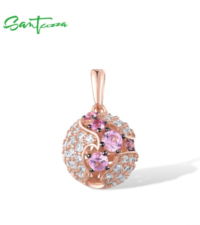SANTUZZA  925 Sterling Silver Pendant Ball Created Pink Sapphire White CZ Fine Jewelry