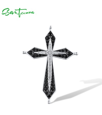 SANTUZZA 925 Sterling Silver Pendant Vintage Cross Black Spinel Fine Jewelry