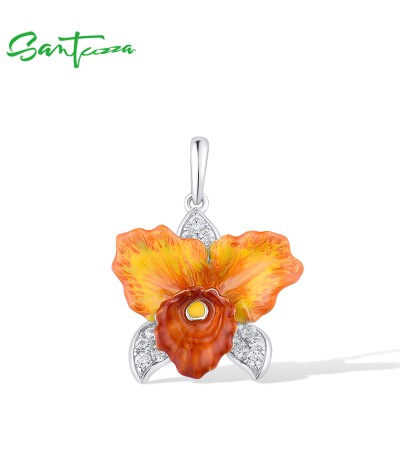 SANTUZZA 925 Sterling Silver Pendant Sparkling Orange Orchid Flower Jewelry Enamel