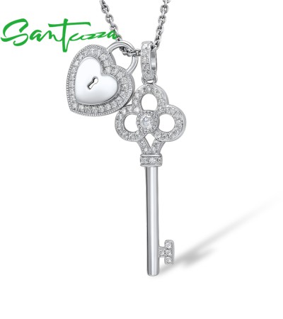 SANTUZZA 925 Sterling Silver Pendant Key Heart Lock White Cubic Zirconia Fine Jewelry