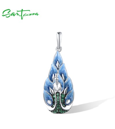SANTUZZA 925 Sterling Silver Pendant Green Spinel Blue Enamel Peacock Jewelry