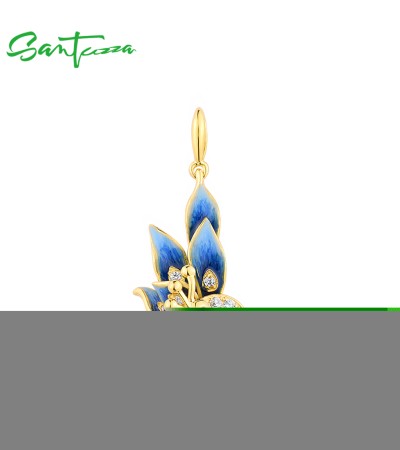 SANTUZZA 925 Sterling Silver Pendant White CZ Blue Enamel Peacock Gold Color Plated Jewelry