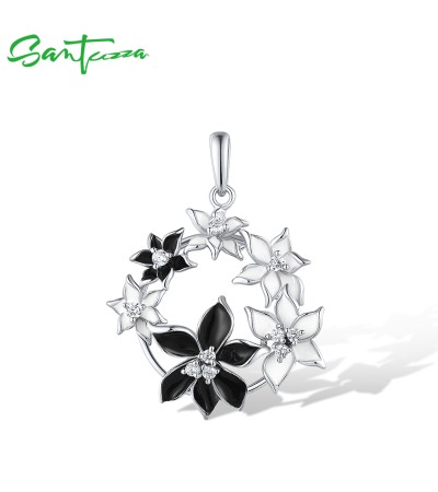 SANTUZZA 925 Sterling Silver Pendant Sparkling Black & White Flower Jewelry