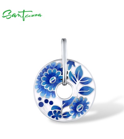 SANTUZZA Silver Pendant 925 Sterling Silver Blue Enamel Flower Pendant Round Jewelry