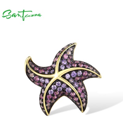 SANTUZZA 925 Sterling Silver Pendant Amethyst CZ Lab Created Pink Sapphire Star Fish Fine Jewelry