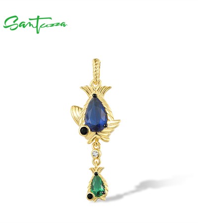 SANTUZZA 925 Sterling Silver Pendant Blue Green Stones White CZ Fish Pendant Fine Jewelry