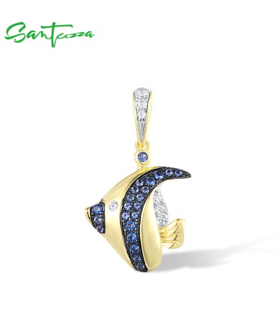 SANTUZZA 925 Sterling Silver Pendant Blue White Cubic Zirconia Fish Pendant Fine Jewelry