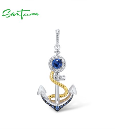 SANTUZZA 925 Sterling Silver Pendant White Blue Nano CZ Gold Color Anchor Pendant Sea Fine Jewelry