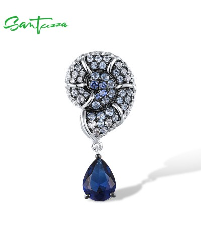SANTUZZA 925 Sterling Silver Pendan Blue Spinel White Cubic Zirconia Conch Shell Screw Ocean Jewelry