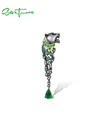 SANTUZZA 925 Sterling Silver Pendant Black Color Leopard Green Spinel Animal Fine Jewelry
