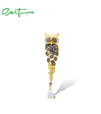 SANTUZZA 925 Sterling Silver Pendant Gold Color Sparkling Chocolate CZ Owl Trendy Fine Jewelry