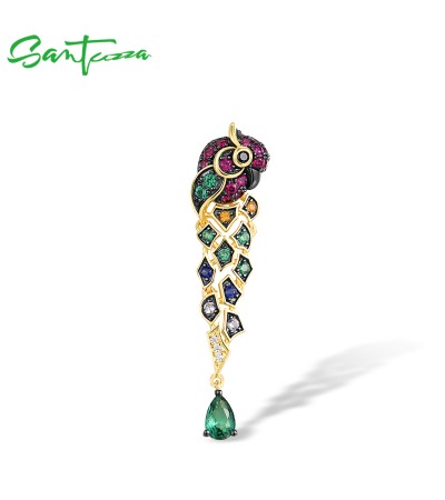 SANTUZZA 925 Sterling Silver Pendant Gold Color Green Spinel Colorful Stones Parrot Bird Animals Fine Jewelry