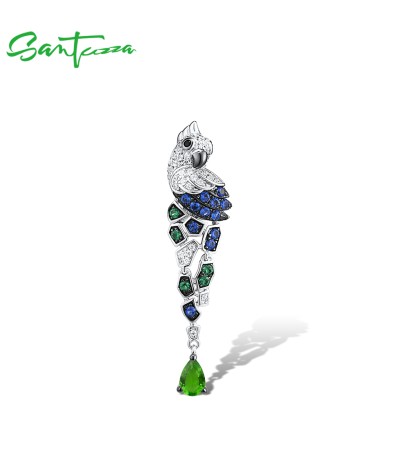 SANTUZZA 925 Sterling Silver Pendant Parrot Birds Blue Green CZ Fine Jewelry