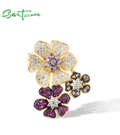 SANTUZZA Silver Pendant 925 Sterling Silver Lab Created Ruby White CZ Flower Jewelry