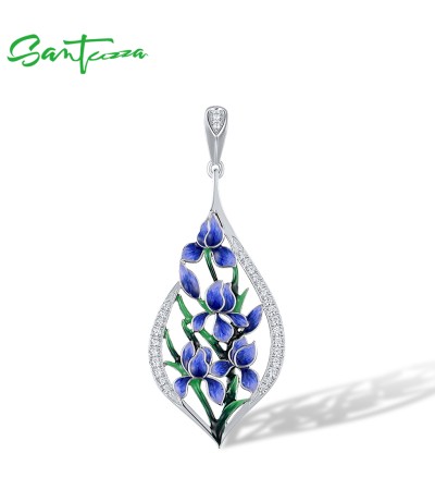 SANTUZZA 925 Sterling Silver Pendant Sparkling White CZ Enamel Blue Flower Jewelry