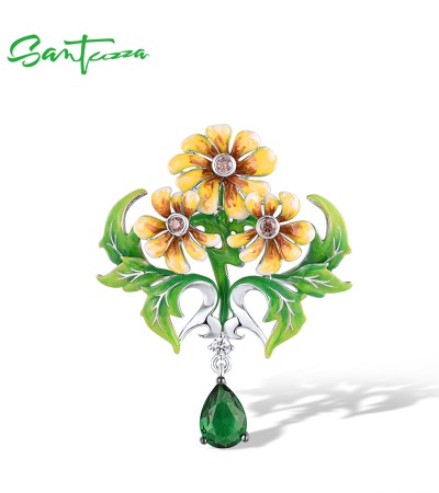 SANTUZZA 925 Sterling Silver Pendant Green Stone Enamel Yellow Flora Fine Jewelry