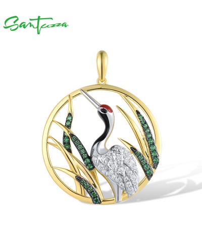 SANTUZZA 925 Sterling Silver Pendant White CZ Green Spinel Red-Crowned Crane Fine Jewelry
