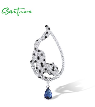 SANTUZZA 925 Sterling Silver Pendant White CZ Black Spinel Leopard Fine Jewelry