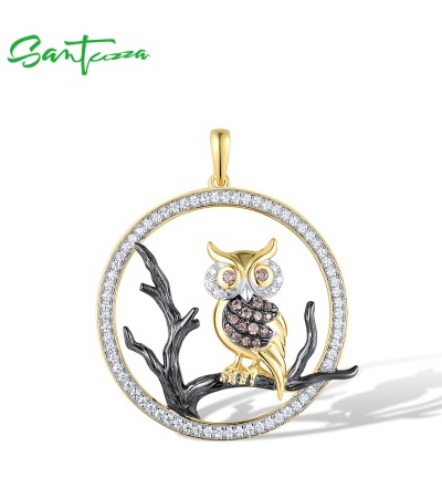 SANTUZZA 925 Sterling Silver Pendant White Chocolate CZ Owl Animal Fine Jewelry