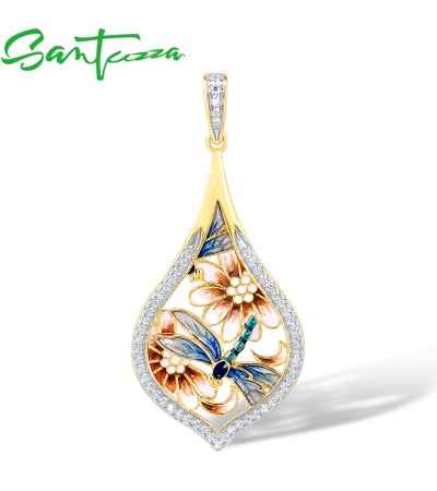 SANTUZZA Pendants 925 Sterling Silver Flower Blue Dragonfly Fine Jewelry Enamel