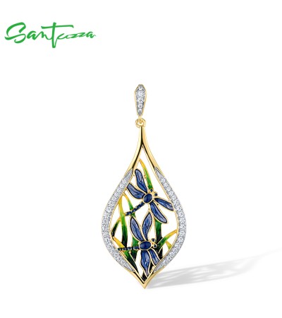 SANTUZZA Silver Pendant for Women Pure 925 Sterling Silver Yellow Plated Dragonfly Fashion Chic Fine Jewelry Handmade Enamel