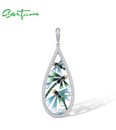 SANTUZZA 925 Sterling Silver Pendant White CZ Dragonfly Green Enamel Fine Jewelry