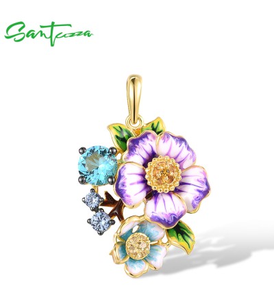 SANTUZZA Real 925 Sterling Silver Pendant For Women Yellow Nano Blue Stone Purple Flower Delicate Fine Jewelry Handmade Enamel