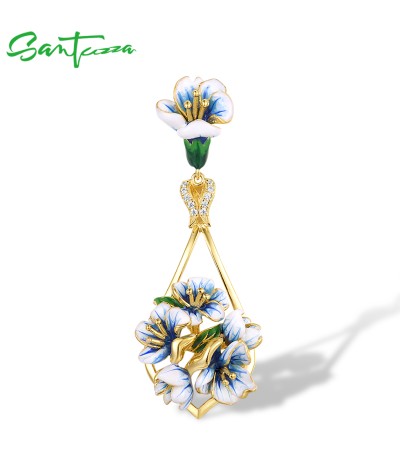 SANTUZZA 925 Sterling Silver Pendant White CZ Blue Enamel Flower Pendant Fine Jewelry 