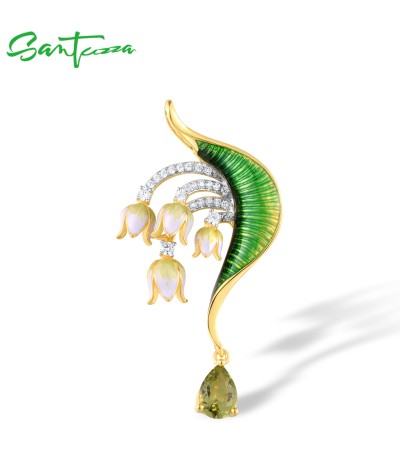 SANTUZZA 925 Sterling Silver Pendant Green Stones White CZ Enamel Flower Pendant Fine Jewelry