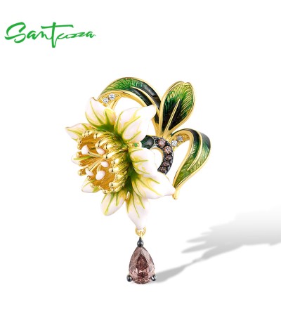 SANTUZZA 925 Sterling Silver Pendant Exquisite White Flower Jewelry Enamel