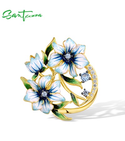 SANTUZZA 925 Sterling Silver Pendant Sparkling Spinel Enamel Little Blue Flower Jewelry