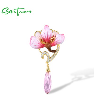 SANTUZZA 925 Sterling Silver Pendant Pink Stones White CZ Enamel Flower Pendant Fine Jewelry