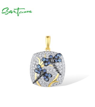 SANTUZZA 925 Sterling Silver Pendant CZ Elegant Blue Dragonfly Square Fine Jewelry