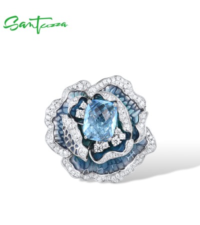 SANTUZZA 925 Sterling Silver Pendants Blue Blooming Flower Elegant Jewelry Enamel