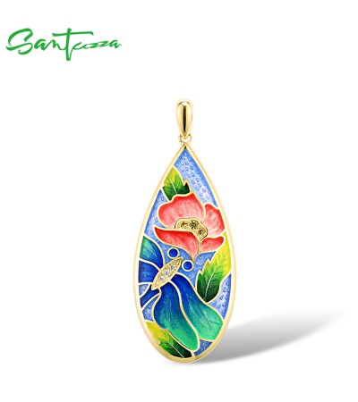 SANTUZZA 925 Sterling Silver Pendant Yellow Nano CZ Red Flower Jewelry Handmade Enamel