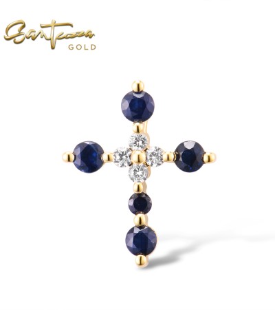 SANTUZZA 14K 585 Yellow Gold Cross Pendants Blue /White Sapphire Fine Jewelry