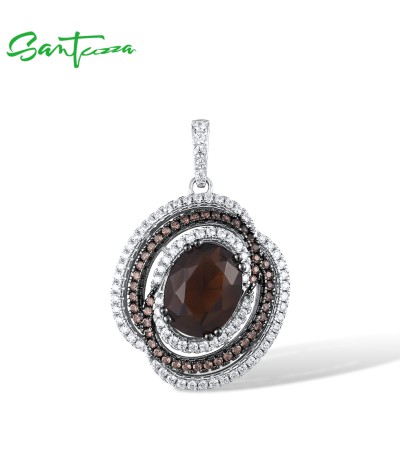 SANTUZZA 925 Sterling Silver Pendants Brown Spinel Smoky Glass Round Pendants Jewelry