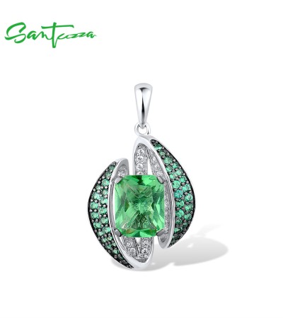 SANTUZZA 925 Sterling Silver Solitaire Pendant Green Glass/ Spinel White CZ Jewelry
