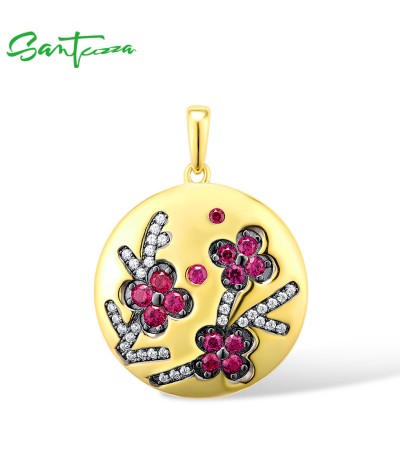 SANTUZZA 925 Sterling Silver Red Flower Pendant Created Ruby White Cubic Zirconia Round Jewelry