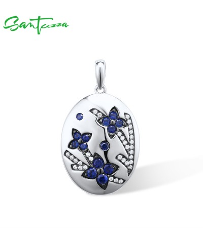 SANTUZZA 925 Sterling Silver Blue Flower Pendant Created Sapphire White Cubic Zirconia Oval Jewelry
